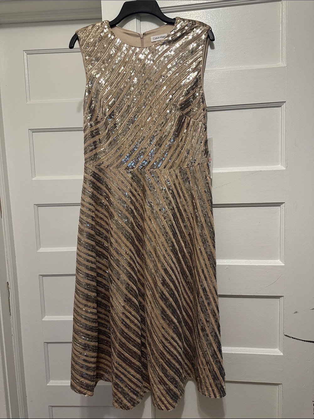 Calvin Klein Champagne Sequin A-Line Midi Dress